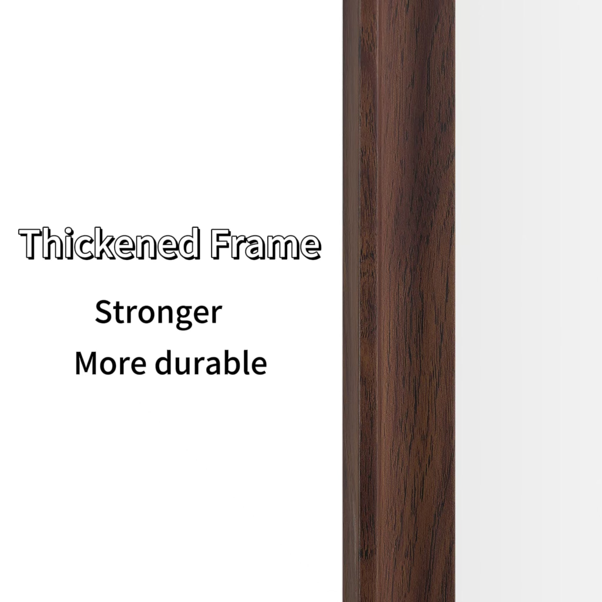Closeup of a dark brown wood grain thickened frame with text overlay highlighting durability