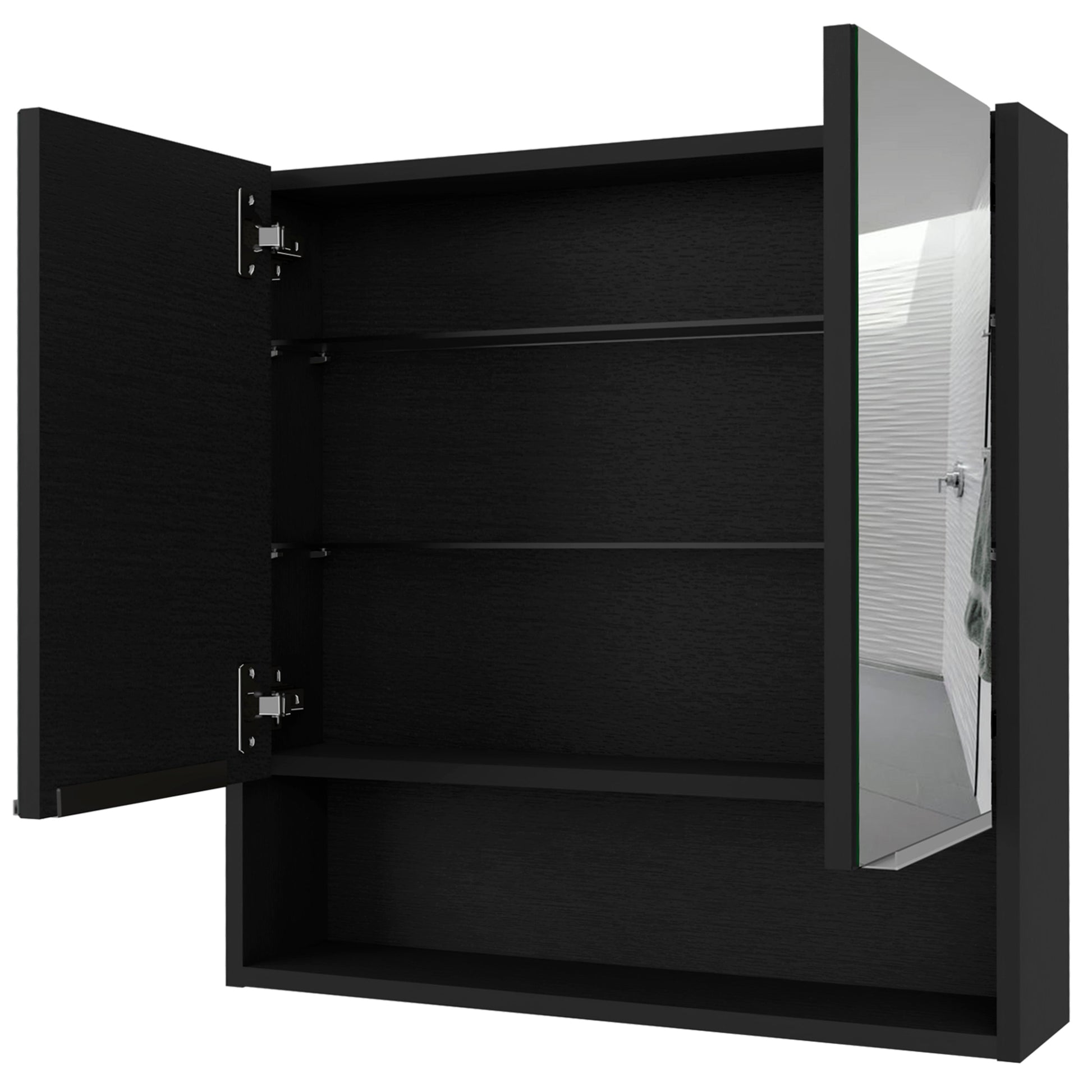 Black modern medicine cabinet with mirrored door and internal shelves