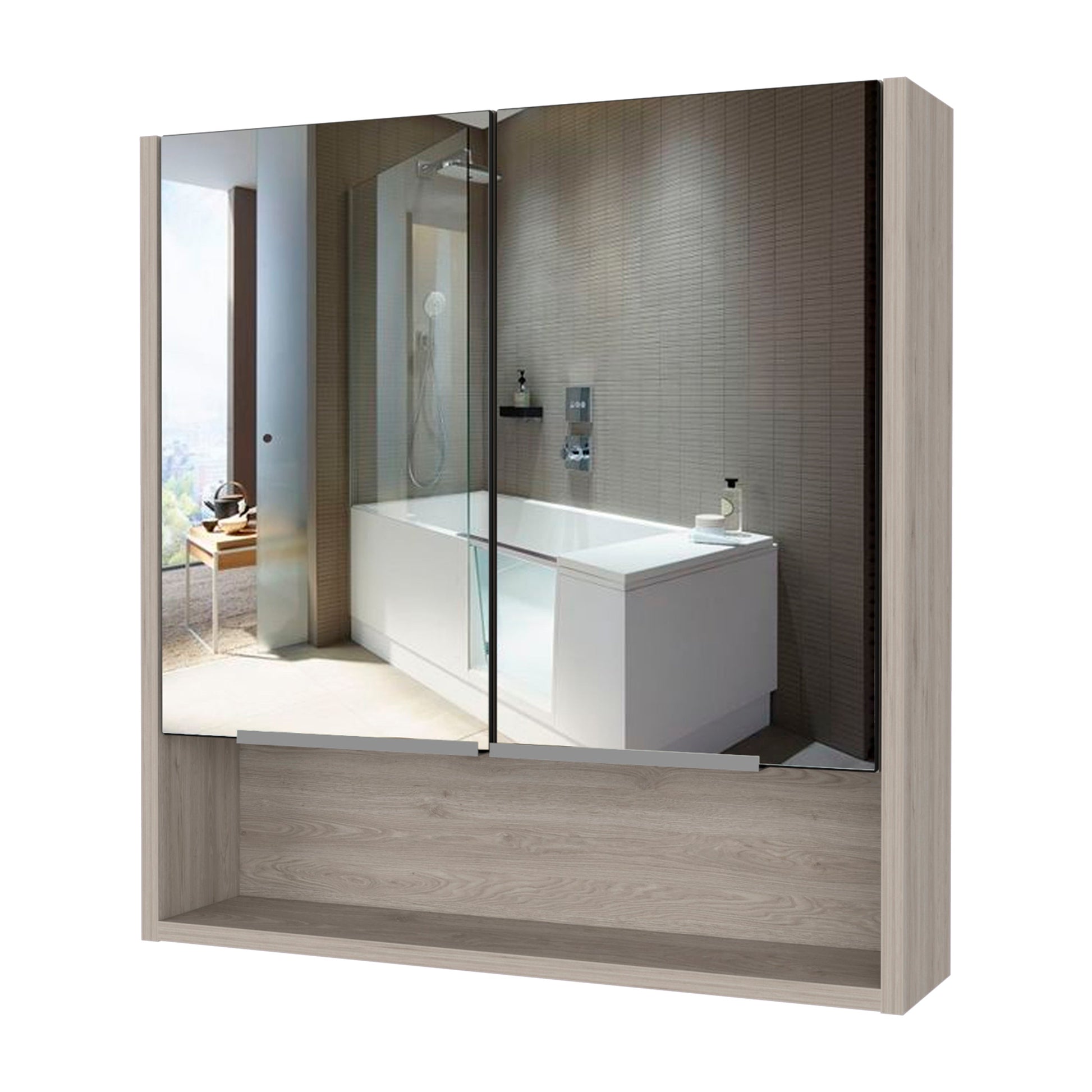 Modern medicine cabinet with mirrored doors and light oak wood finish for bathroom storage