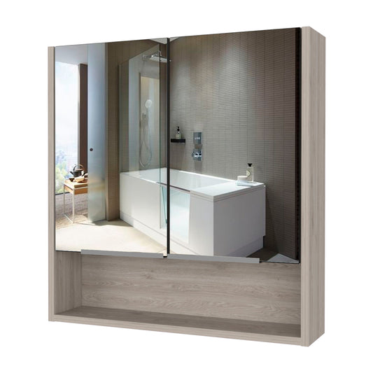 Modern medicine cabinet with mirrored doors and light oak wood finish for bathroom storage