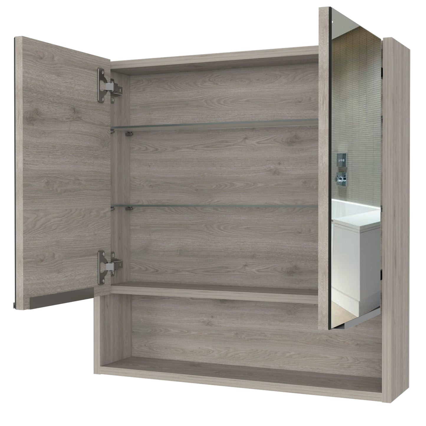 Modern grey wood medicine cabinet with mirrored doors and glass shelves