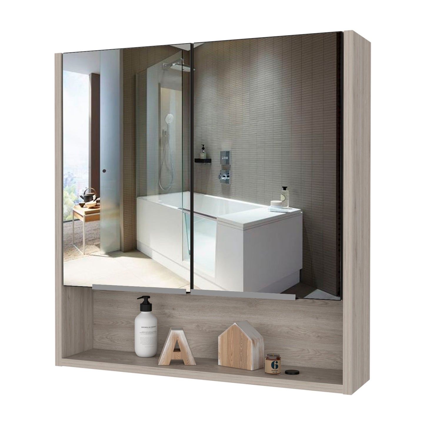 Modern light wood medicine cabinet with mirrored doors reflecting a bathtub