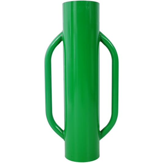 Green steel post driver with ergonomic handles for fence installation