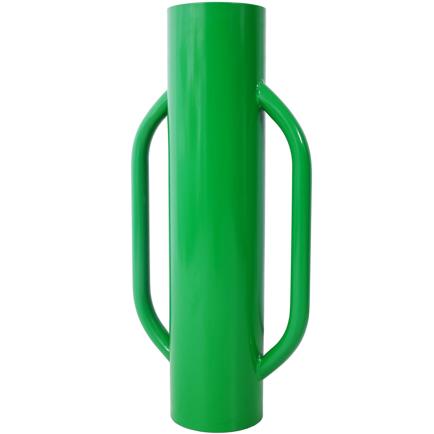 Green metal fence post driver with ergonomic handles for easy installation