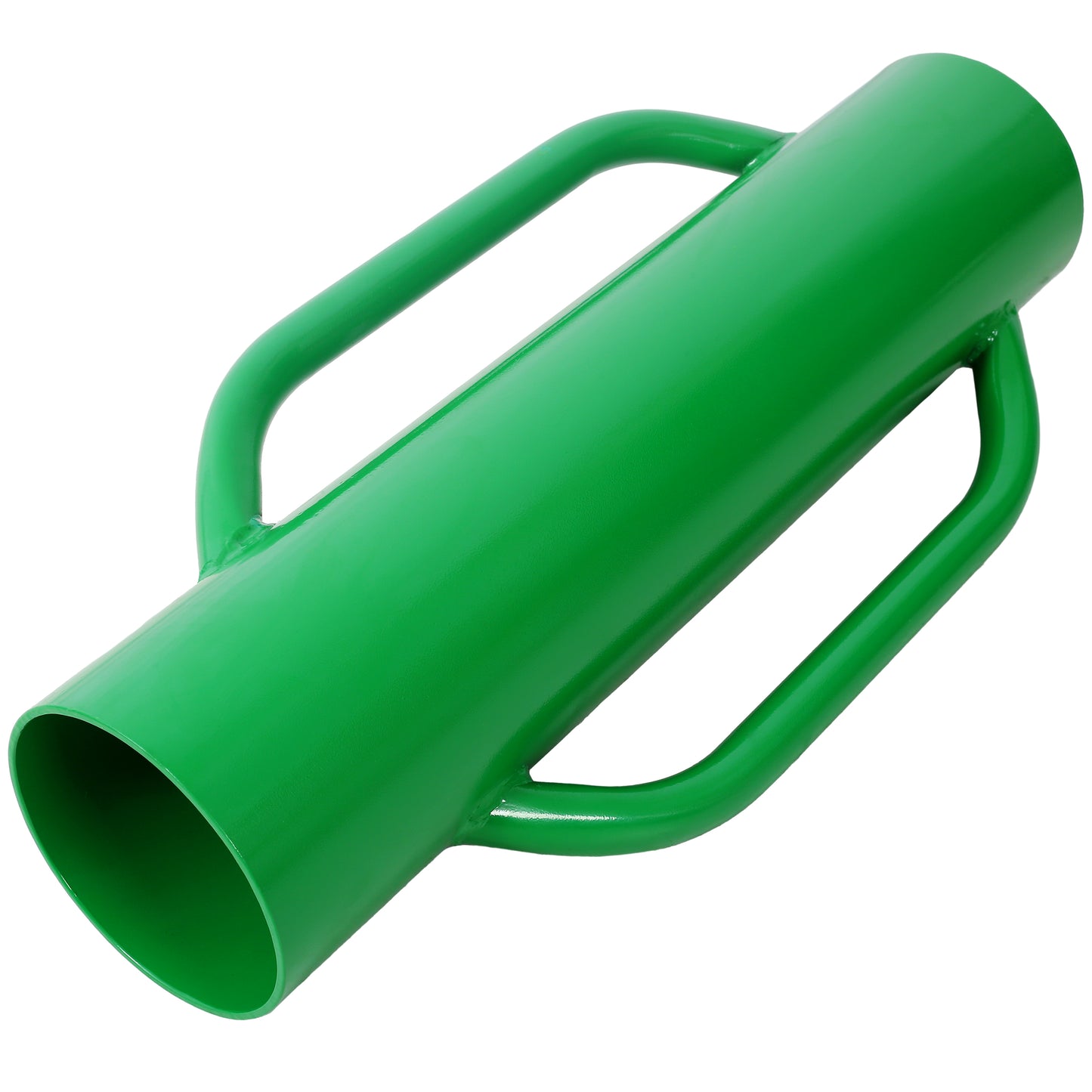 Green metal fence post driver with dual handles for easy grip and operation