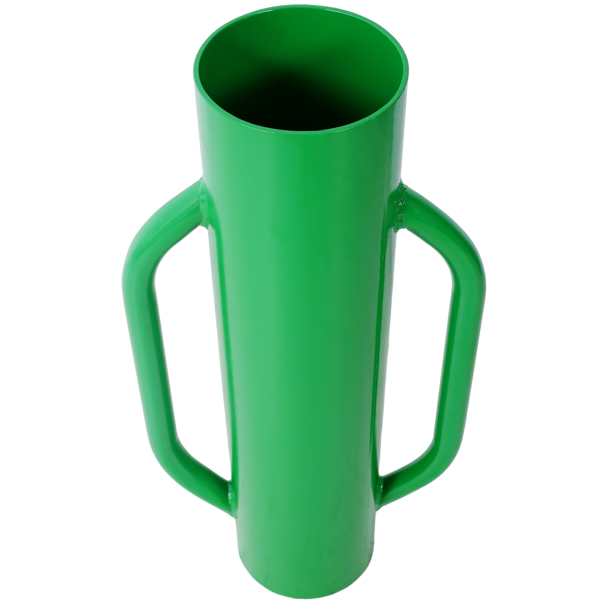 Green metal fence post driver with two handles for easy manual installation of posts