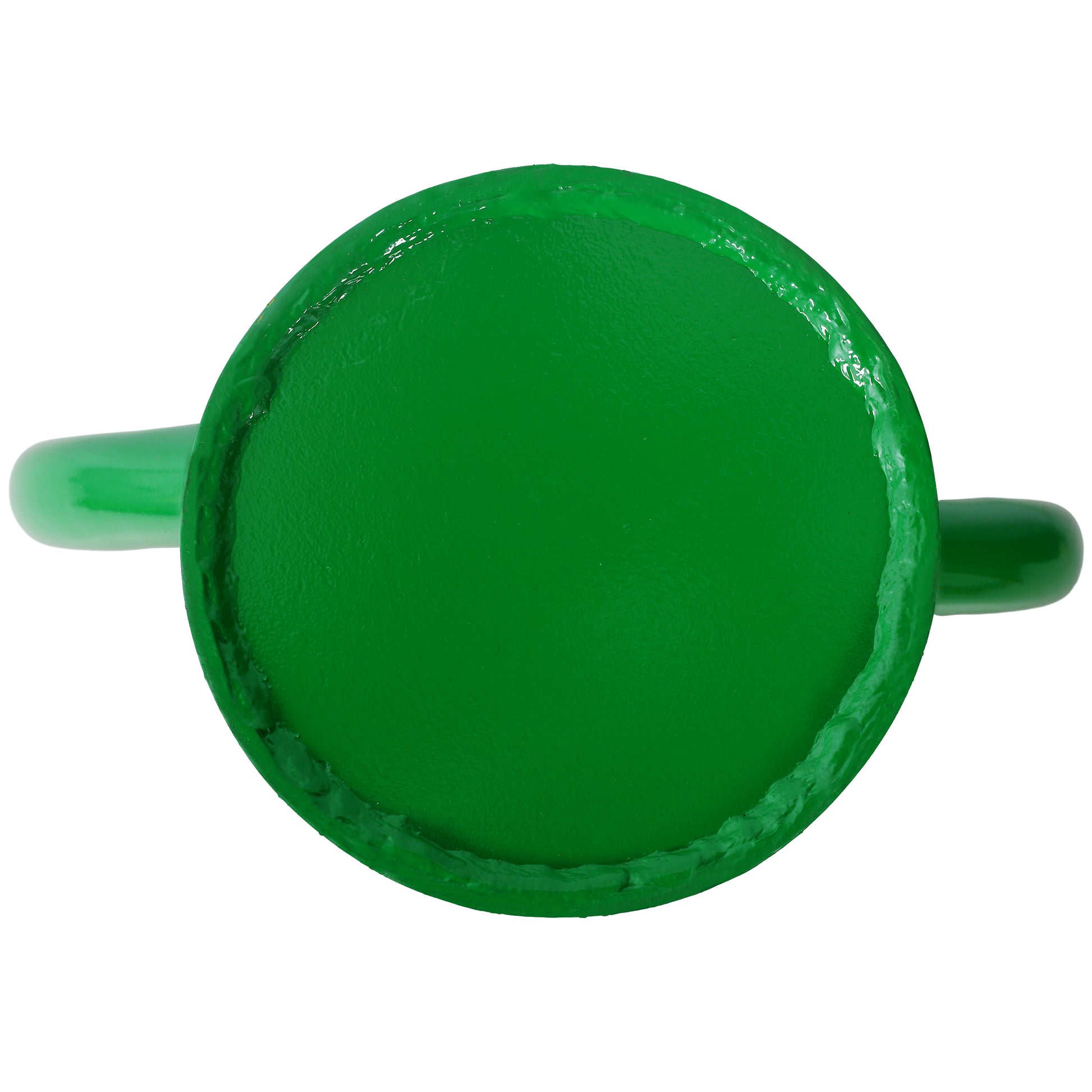 Bright green metal watering can top view with handle