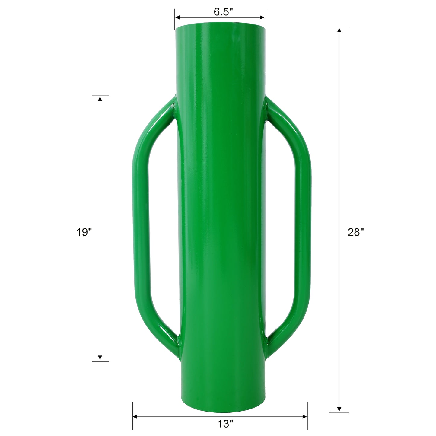 Green metal fence post driver tool with dual handles for manual impact