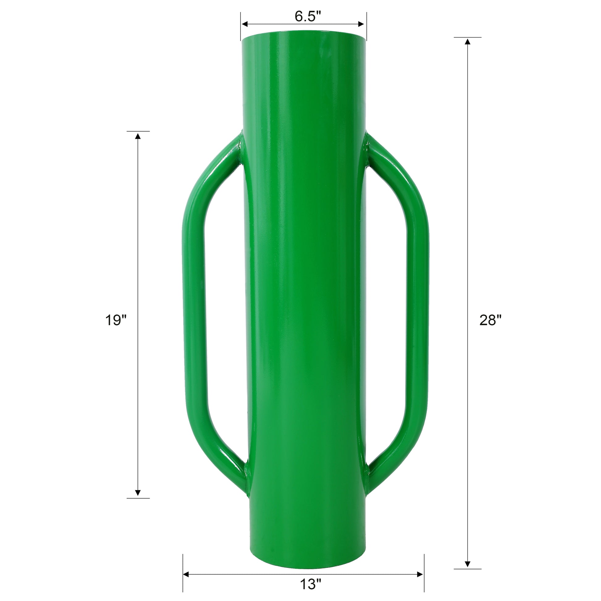 Green metal fence post driver tool with dual handles for manual impact