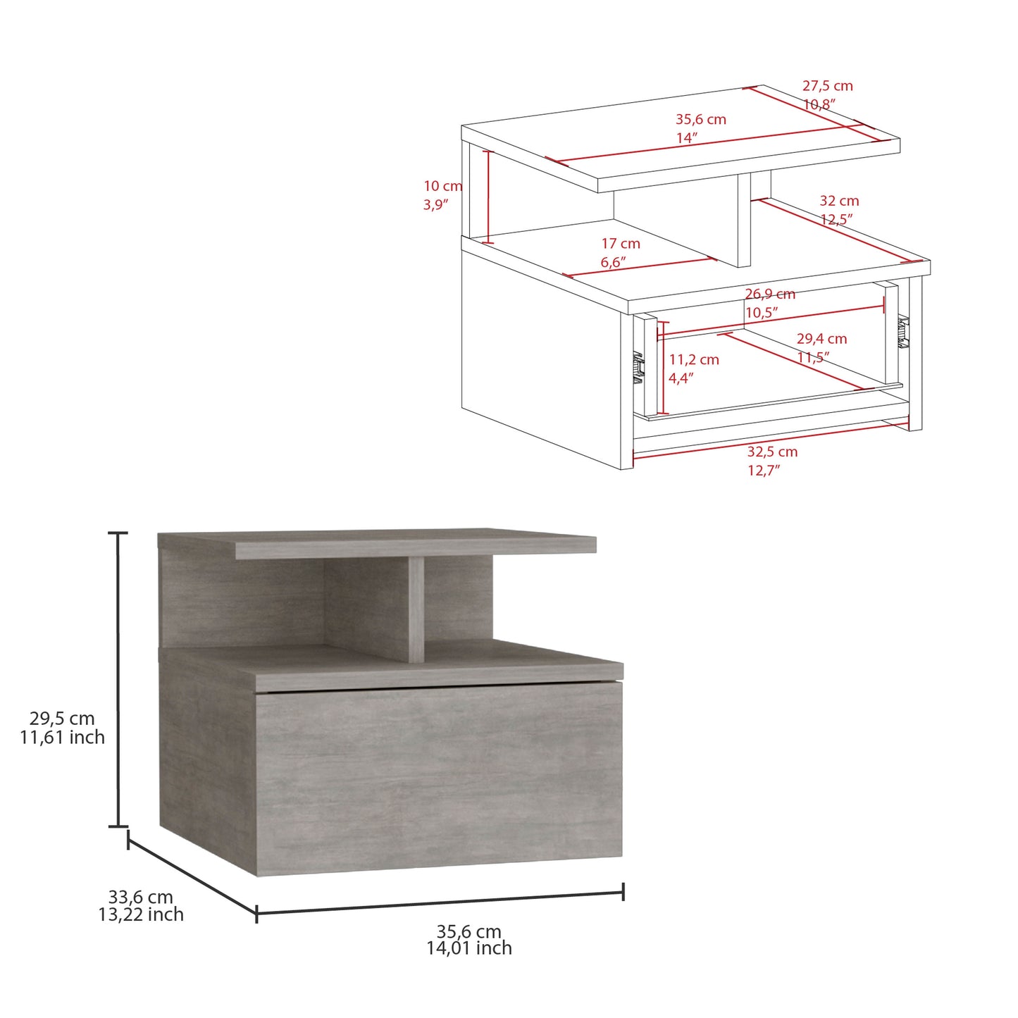 Grey bedside table with one drawer and open shelving