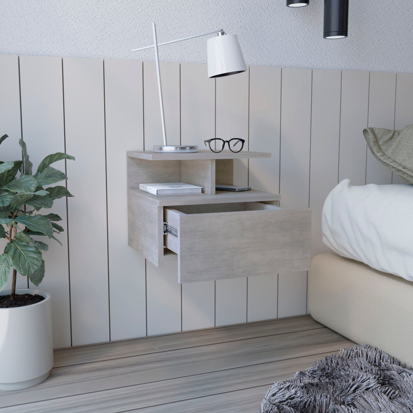 Grey wood floating nightstand with open drawer
