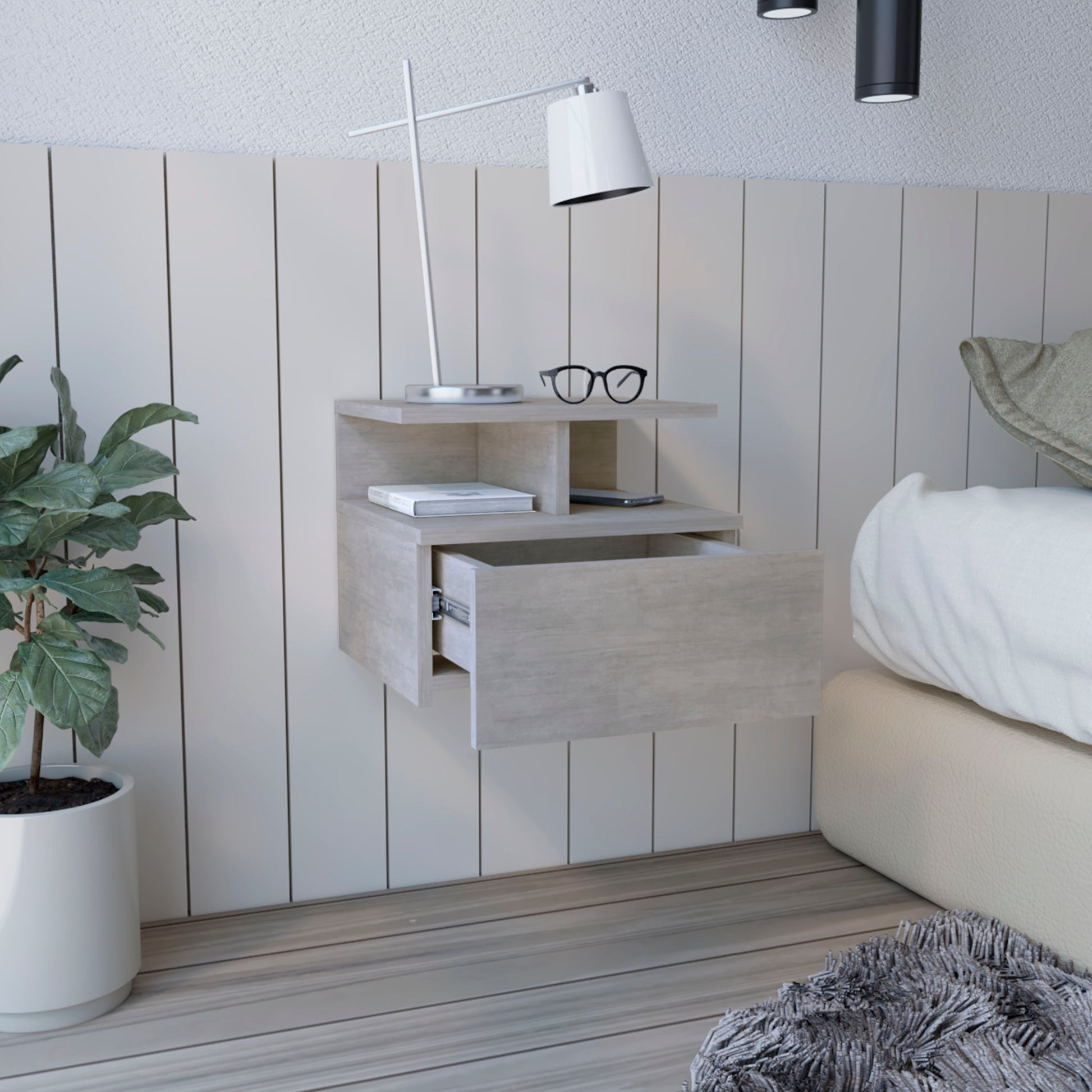 Grey wood floating nightstand with open drawer
