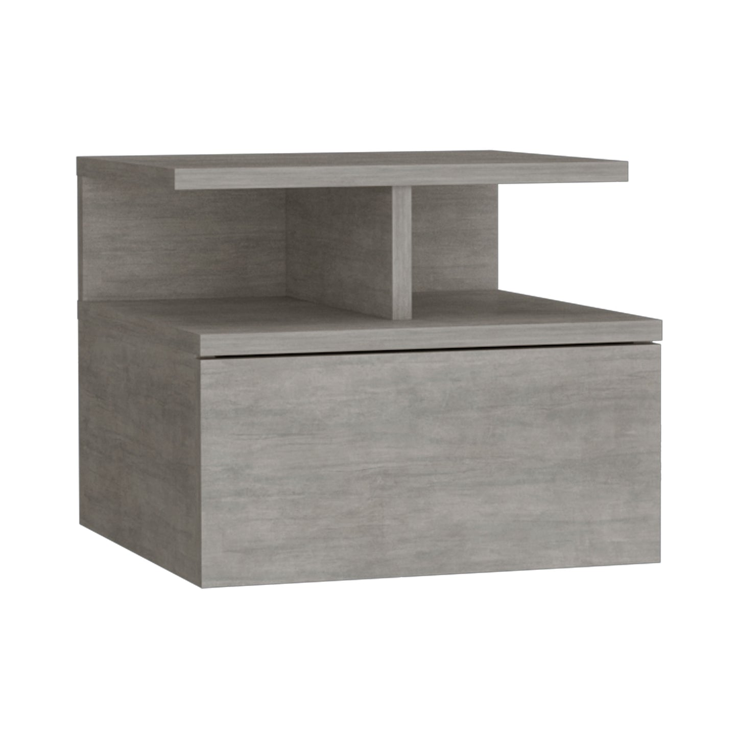 Modern gray wood nightstand with single drawer and open shelf