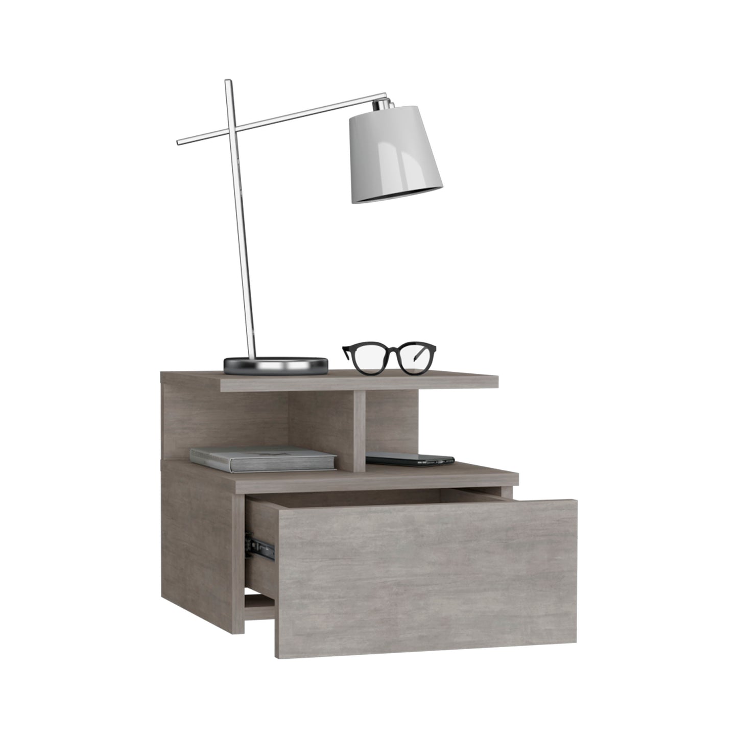 Space-Saving Floating Nightstand with Drawer and Shelves, Grey