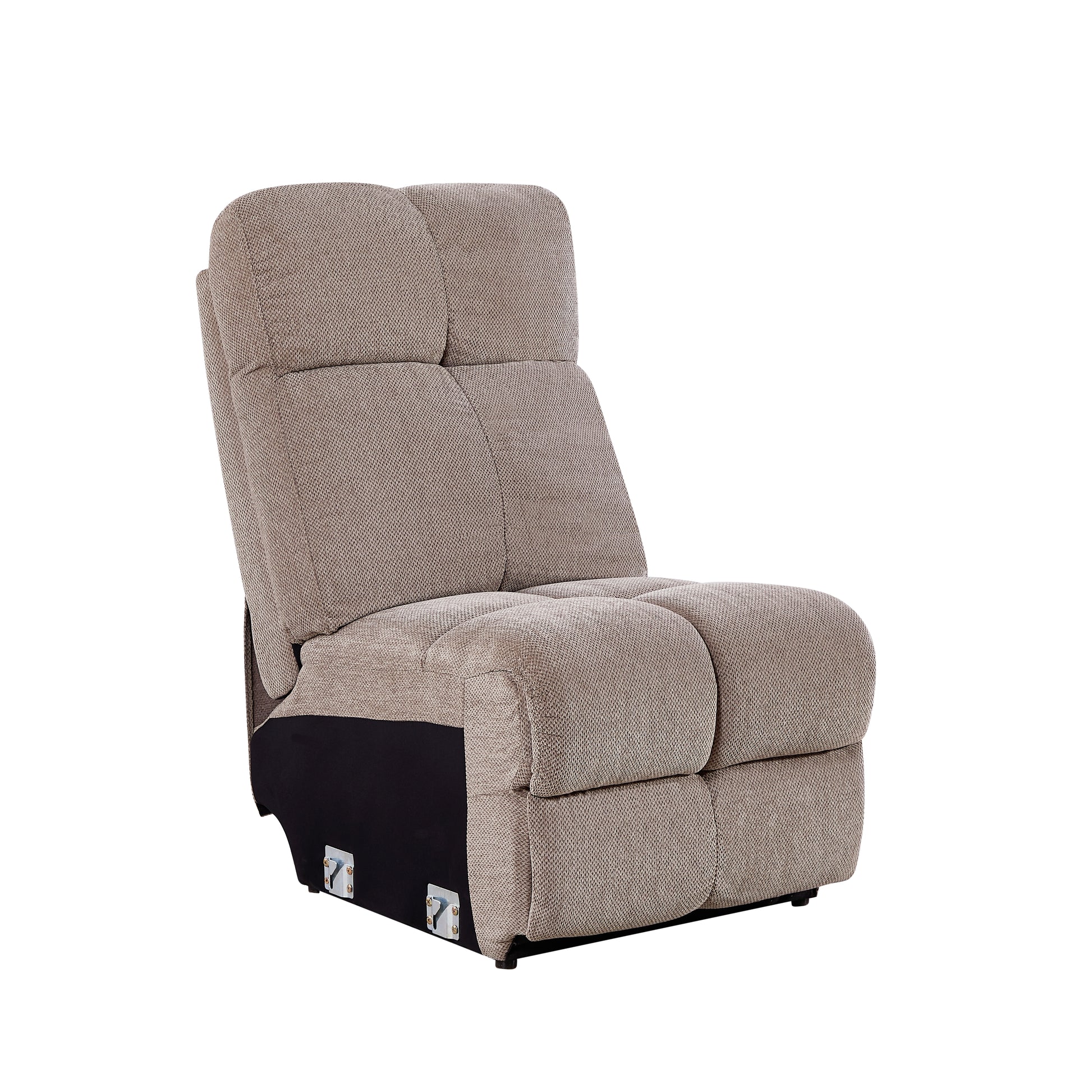 Taupe upholstered recliner chair with tufted back and seat cushions reclined position