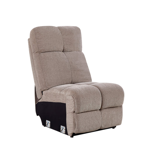 Taupe upholstered recliner chair with tufted back and seat cushions reclined position