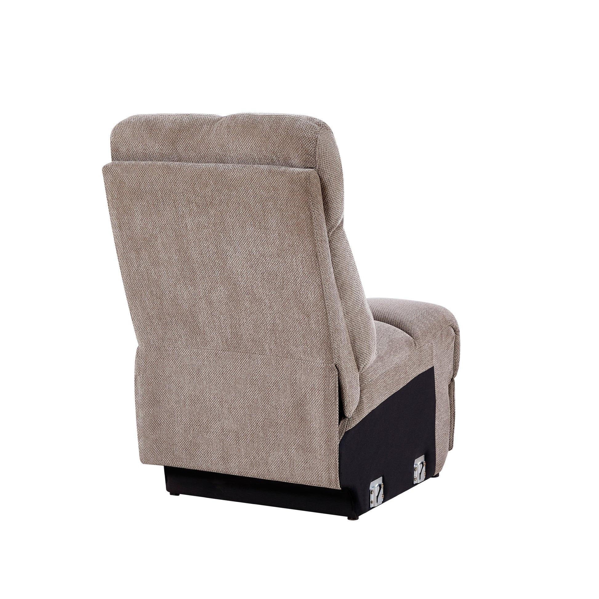 Tan fabric recliner chair viewed from the back showcasing its textured upholstery