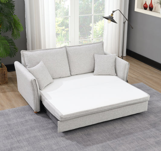 Light grey upholstered sofa bed with pullout mattress perfect for small spaces