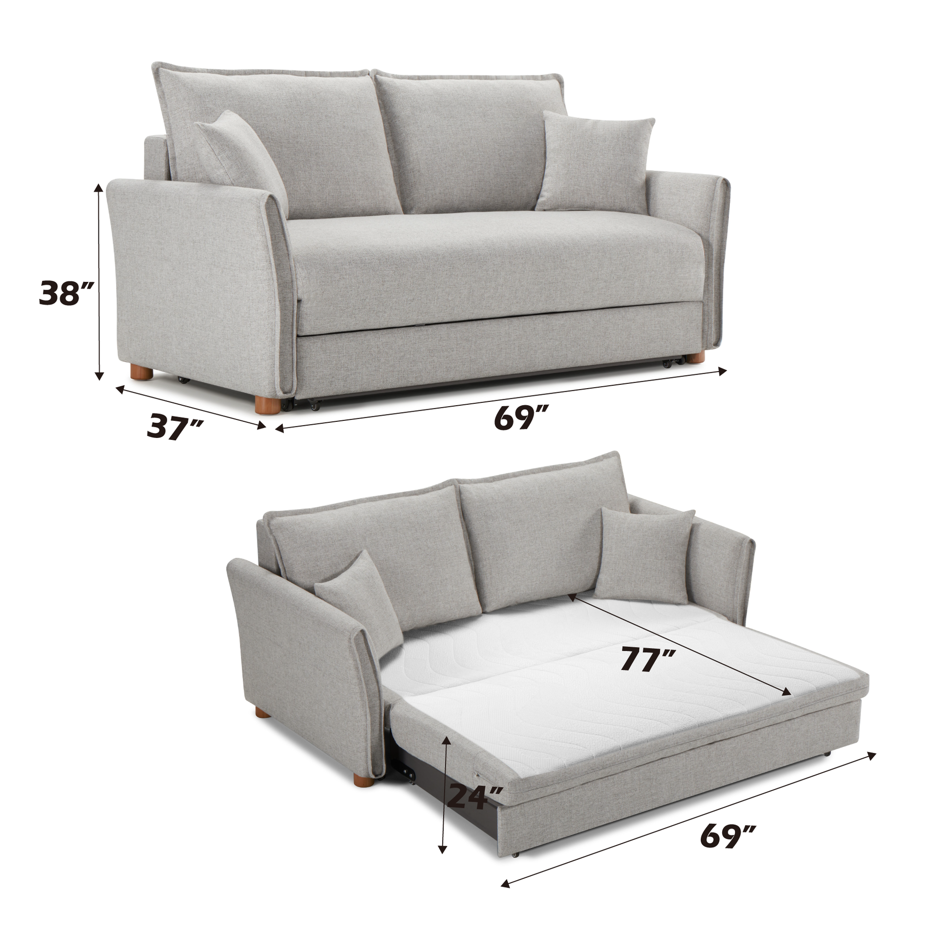Grey fabric sofa bed with two accent pillows  width