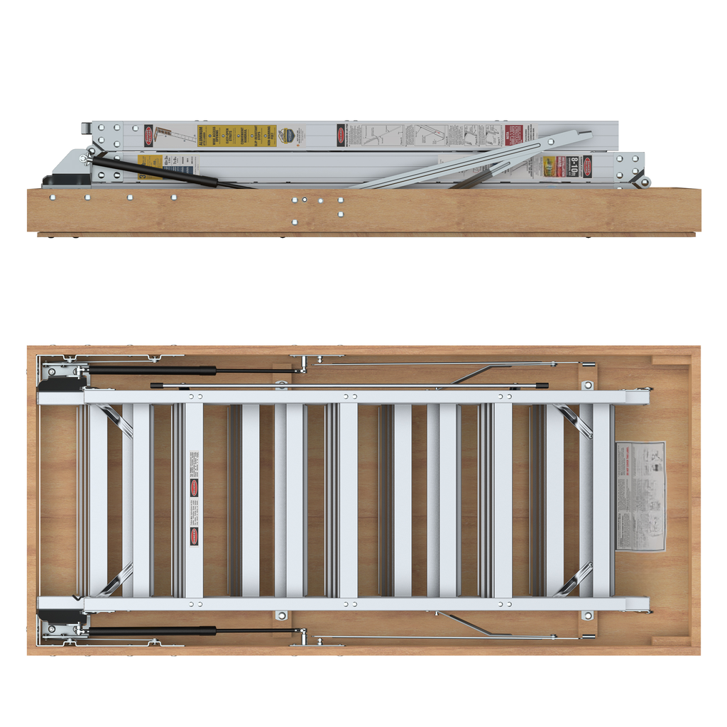 Folded aluminum attic ladder with wooden frame ready for installation