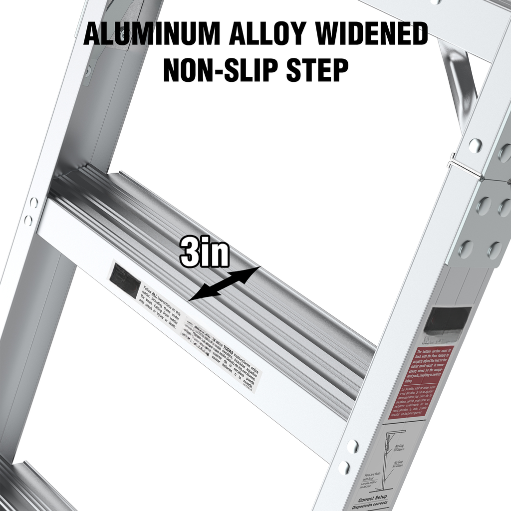 Closeup of a silver aluminum alloy ladder with a inch wide nonslip step for secure footing