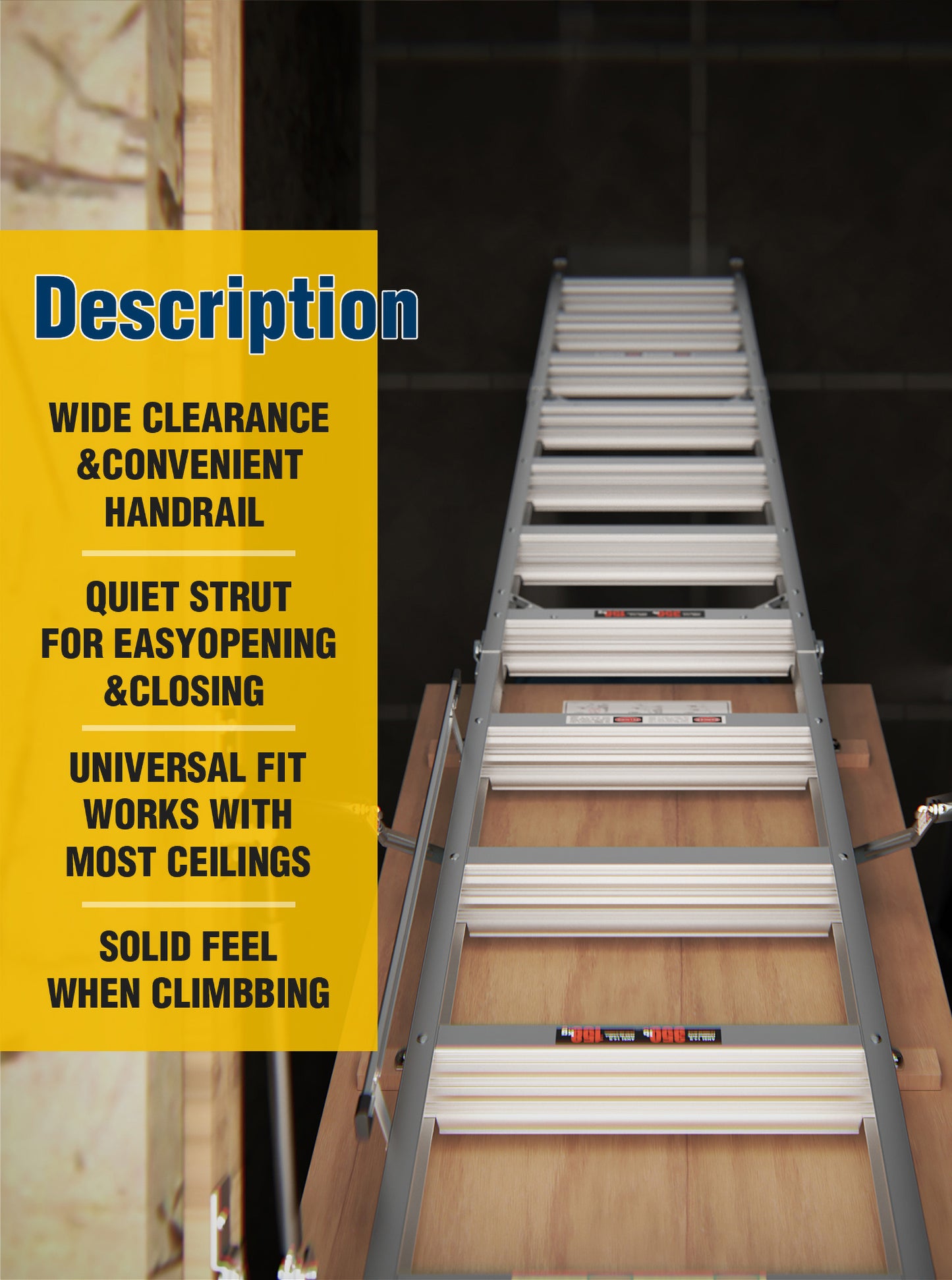 Retractable attic ladder with wide clearance handrail for secure climbing