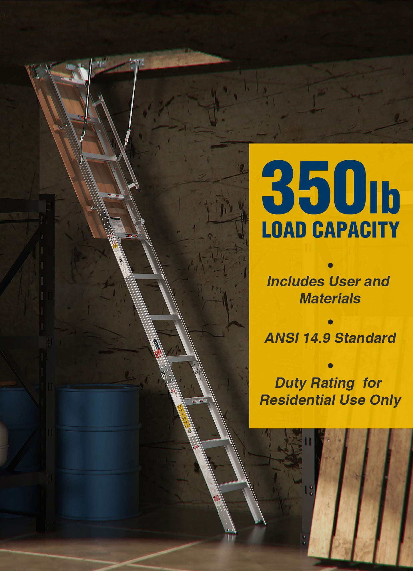 Aluminum attic ladder with lb load capacity perfect for residential access