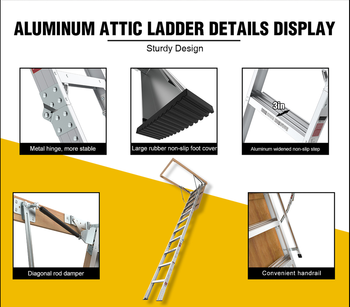Closeup of metal hinge on sturdy aluminum attic ladder for enhanced stability