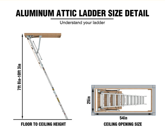 Aluminum attic ladder size diagram showing floor to ceiling height of ft inft in