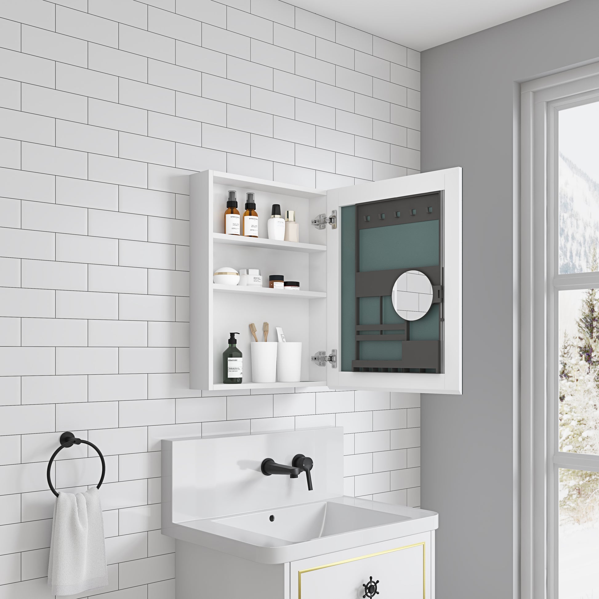 White medicine cabinet with open door displaying shelves of toiletries