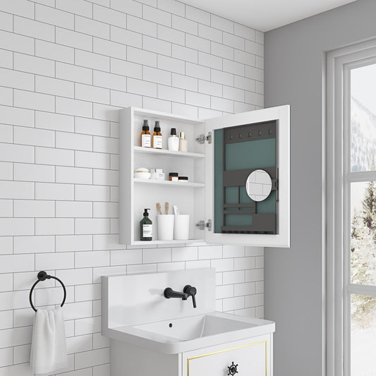 White medicine cabinet with open door displaying shelves of toiletries