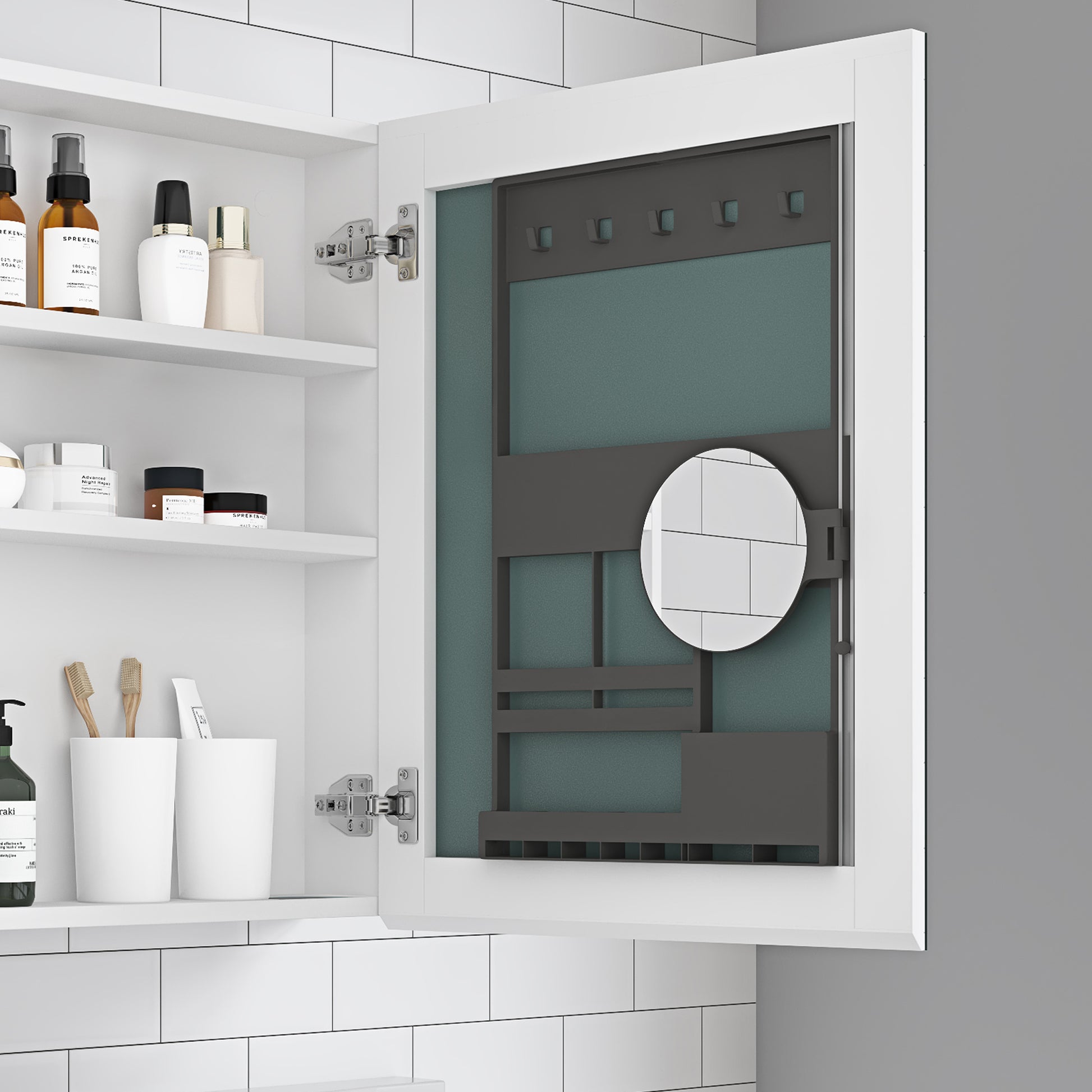 White medicine cabinet with shelves holding various skincare bottles and jars