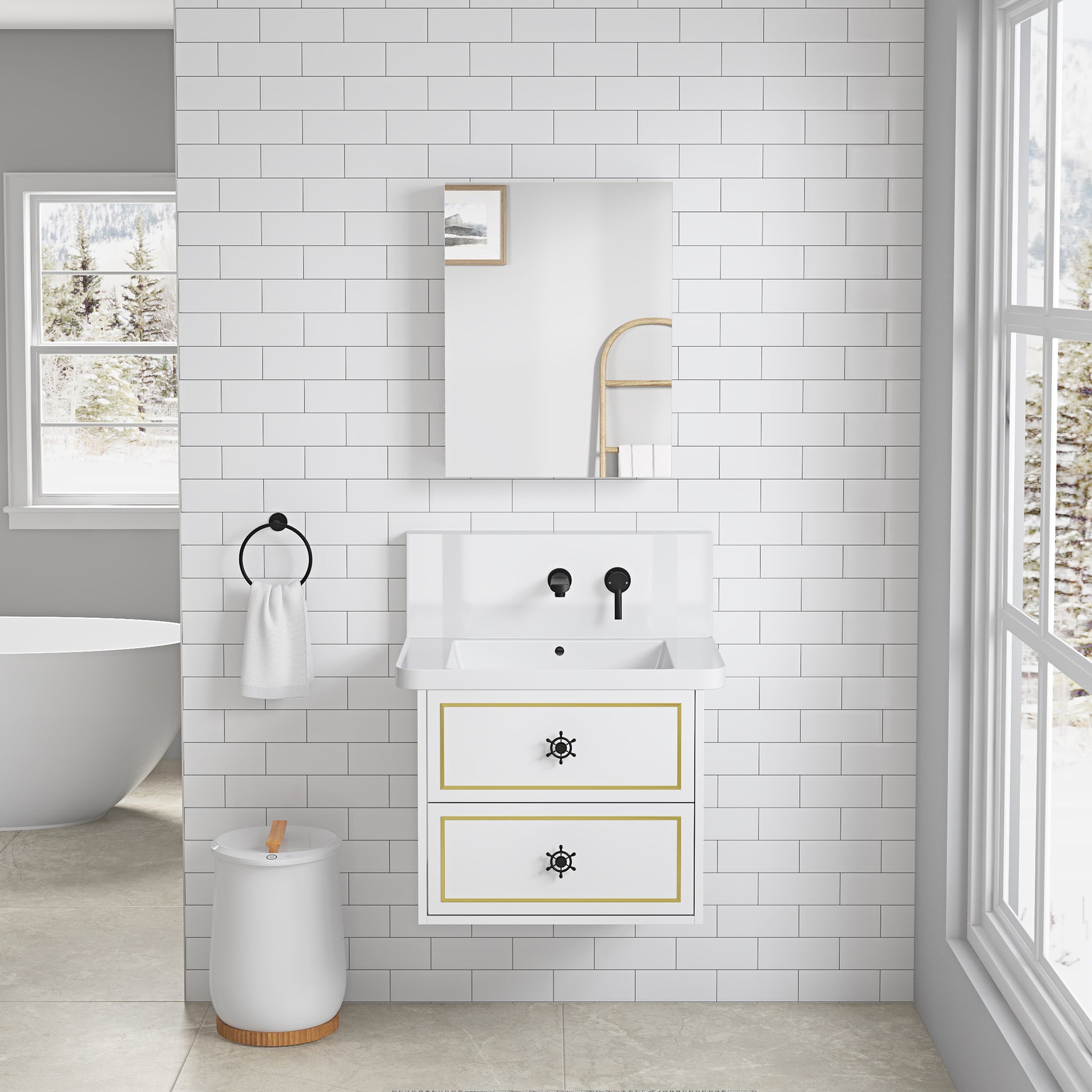 White ceramic bathroom vanity with gold trim and nautical drawer pulls