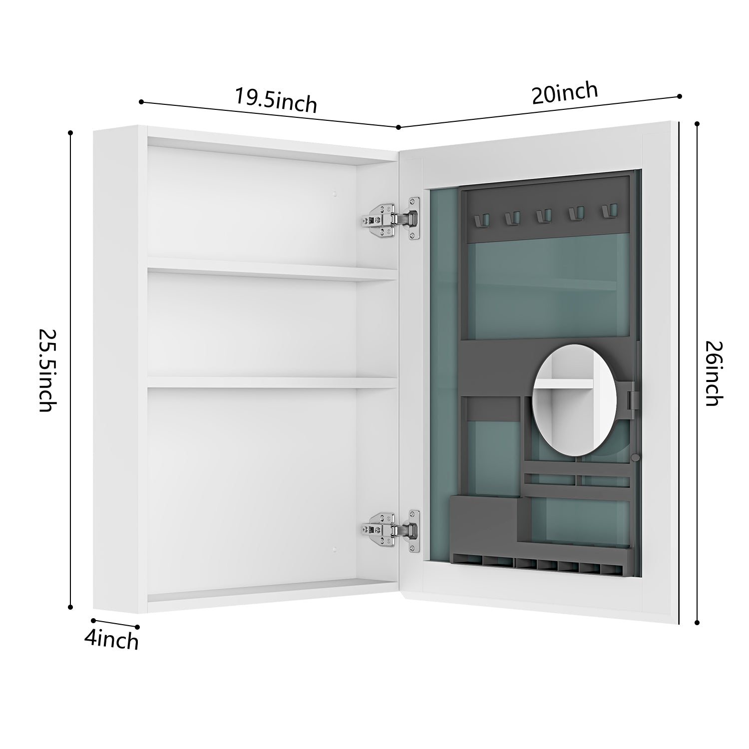 White recessed medicine cabinet with mirrored door and interior shelves