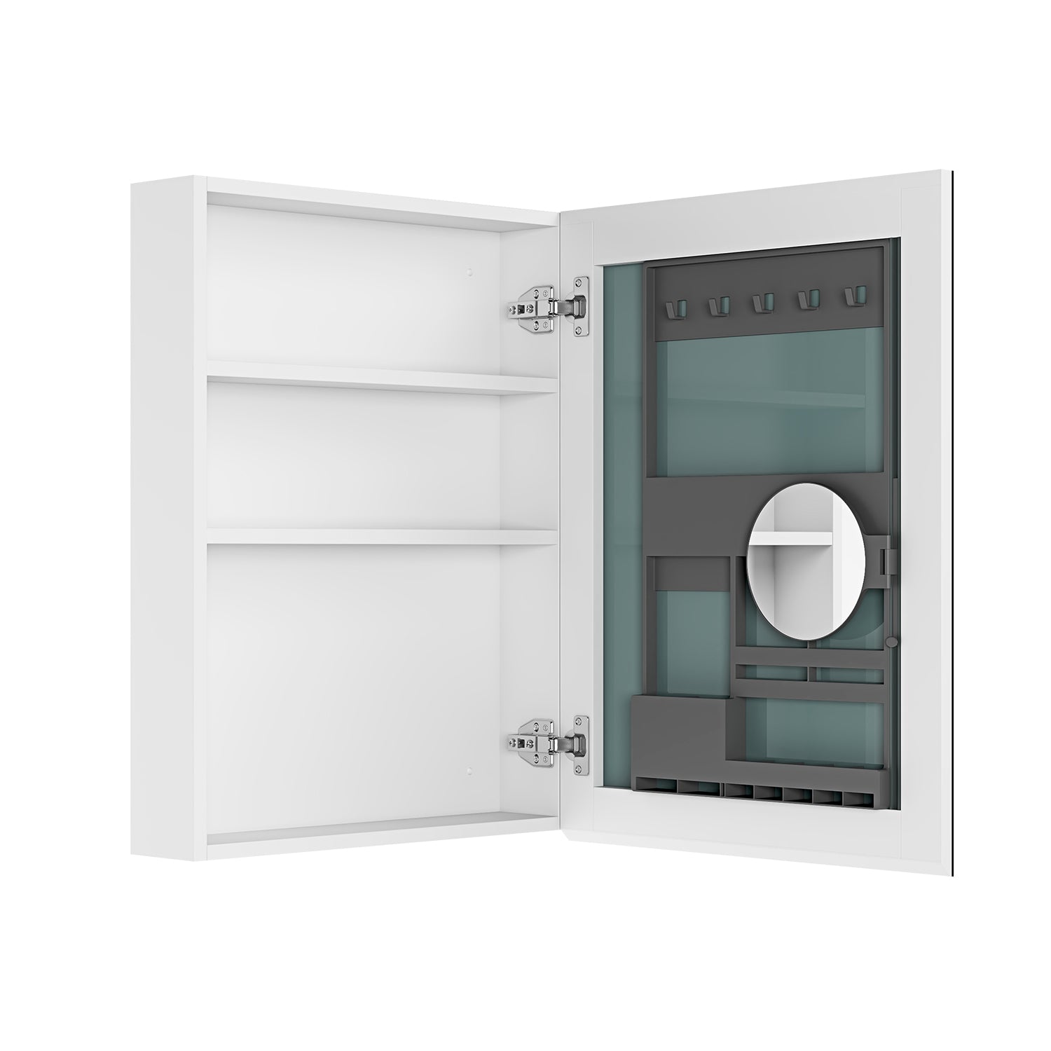Open white medicine cabinet with adjustable shelves and interior organizer