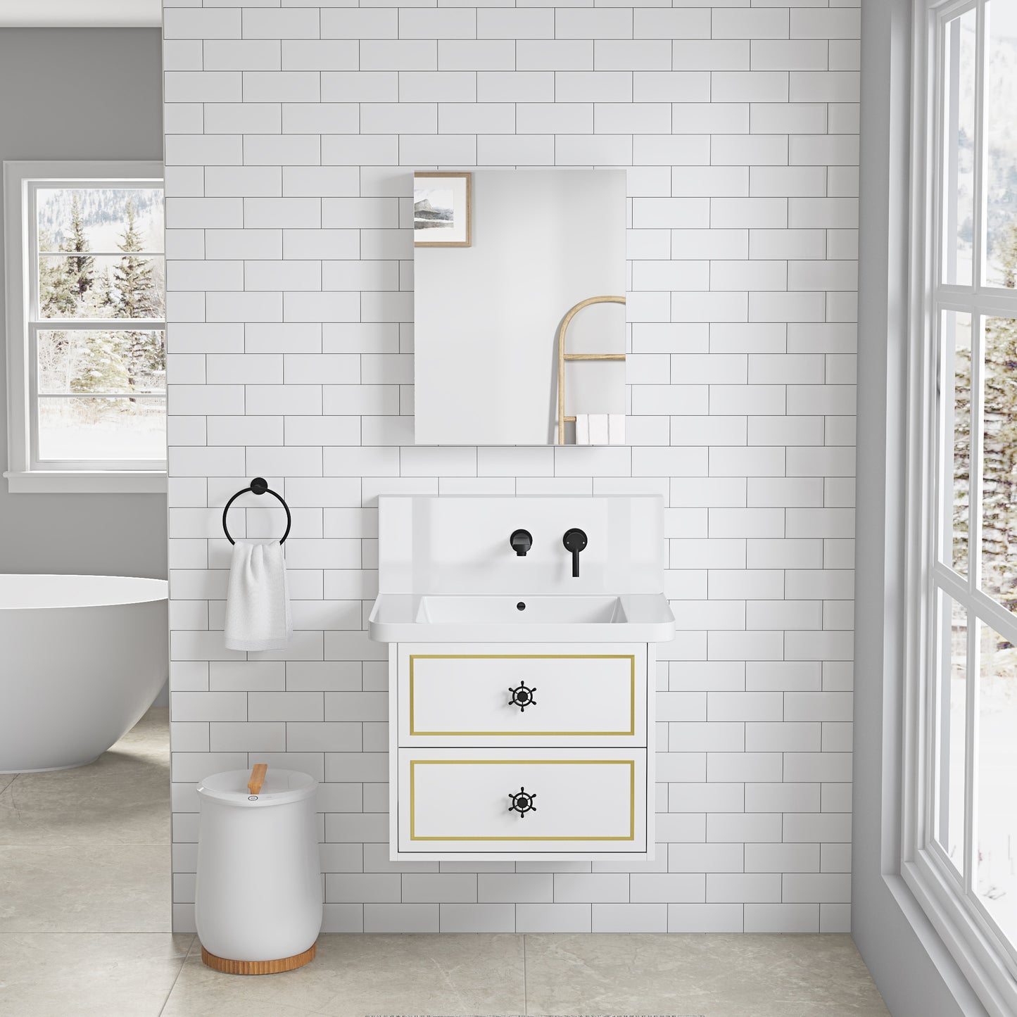 White ceramic bathroom vanity with gold trim and nautical drawer pulls
