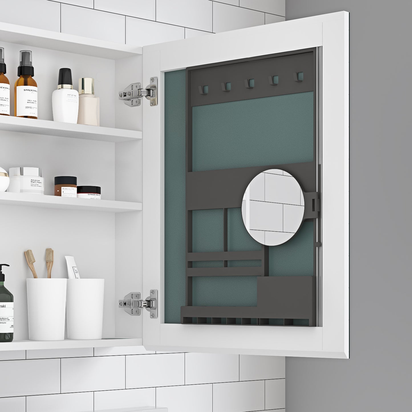 White medicine cabinet interior with organized shelves holding beauty products