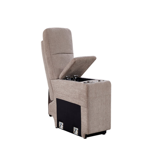 Taupe upholstered recliner chair with open storage compartment and cup holders