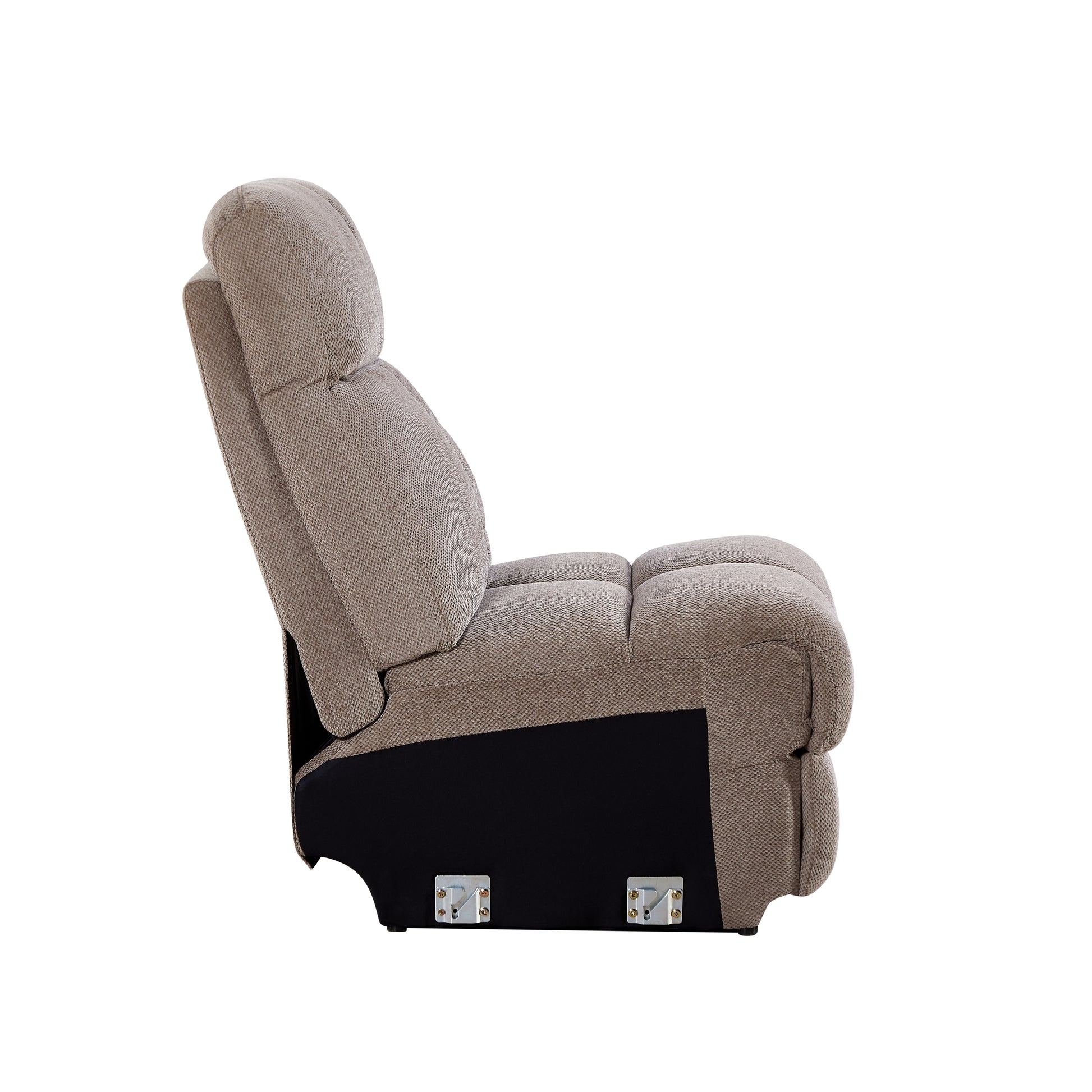 Beige textured fabric recliner chair with padded headrest and armrests