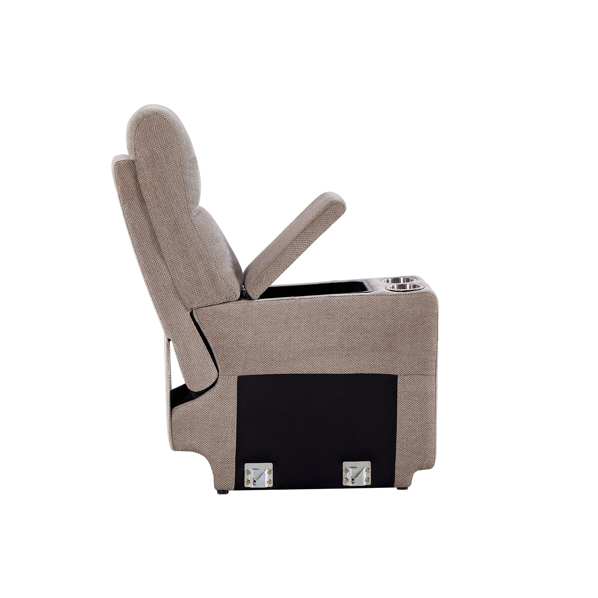 Taupe fabric recliner chair with open armrest and cup holders