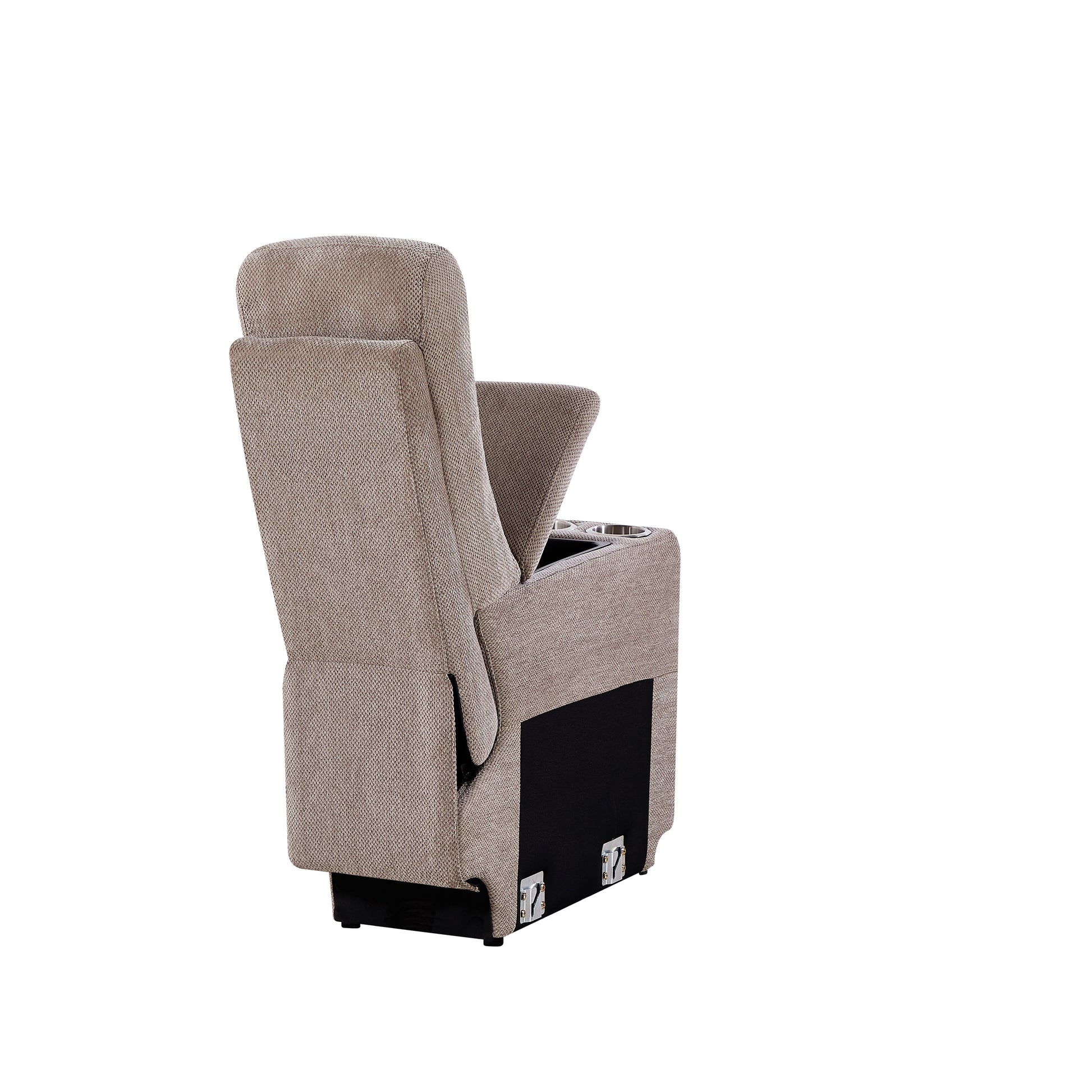 Beige fabric recliner chair with integrated cup holders and storage rear view