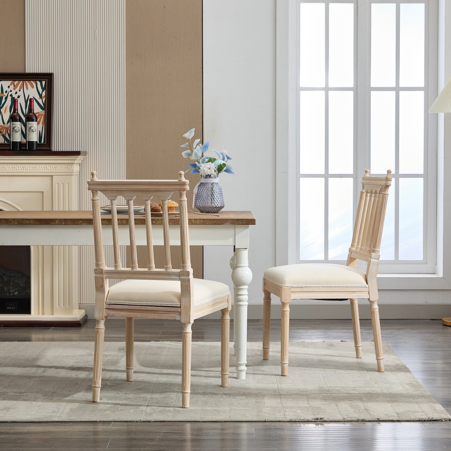 Light oak wood dining chair with upholstered seat perfect for a French country kitchen