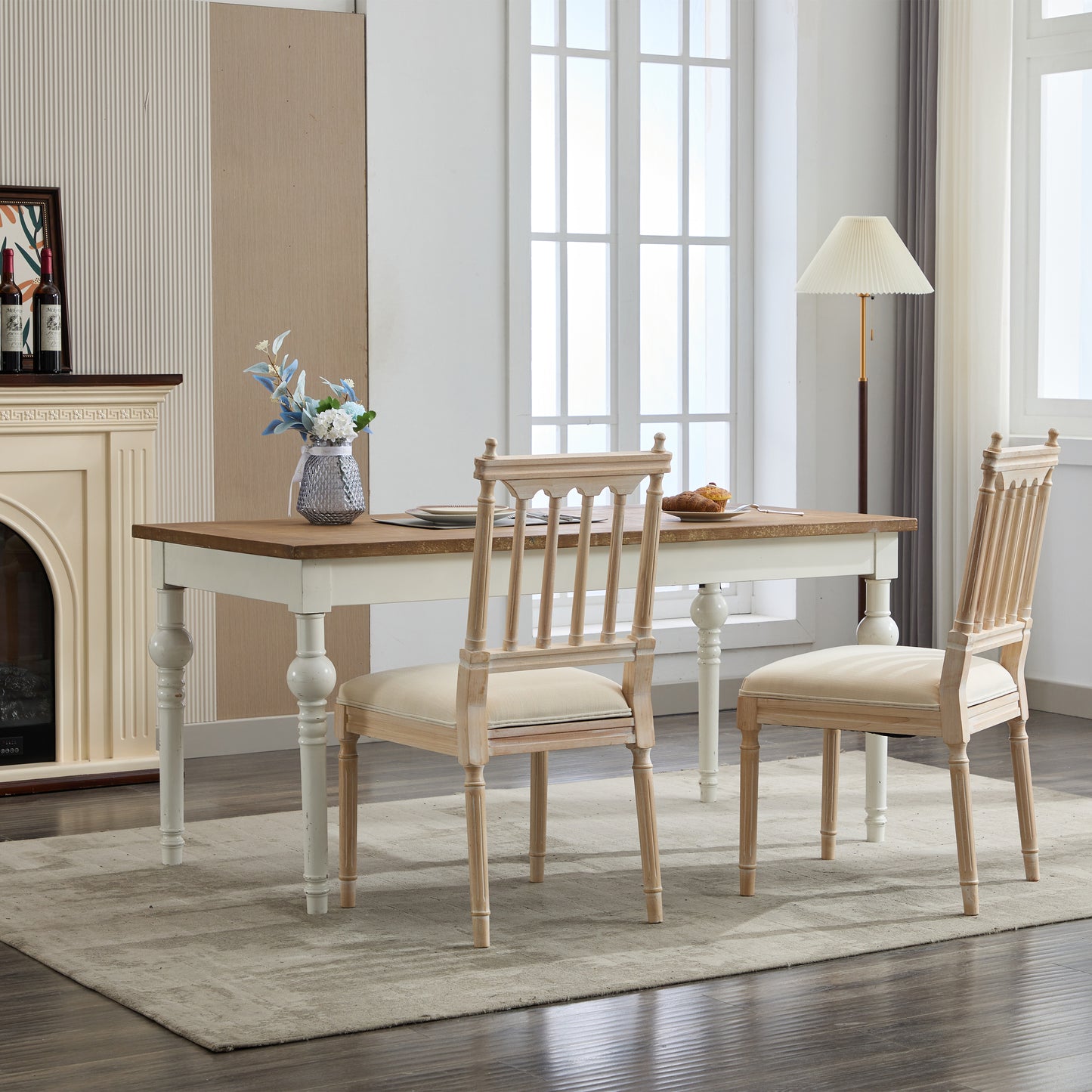 Light oak dining chairs with beige upholstered seats classic spindle back design perfect for farmhouse style dining
