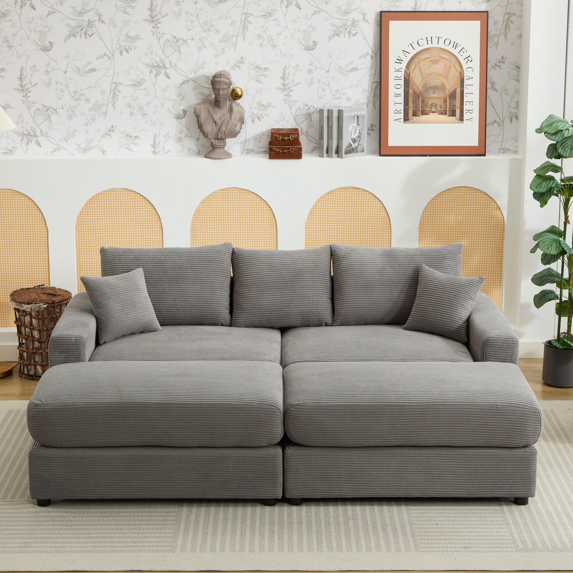 Plush grey corduroy sectional sofa with deep seating and accent pillows