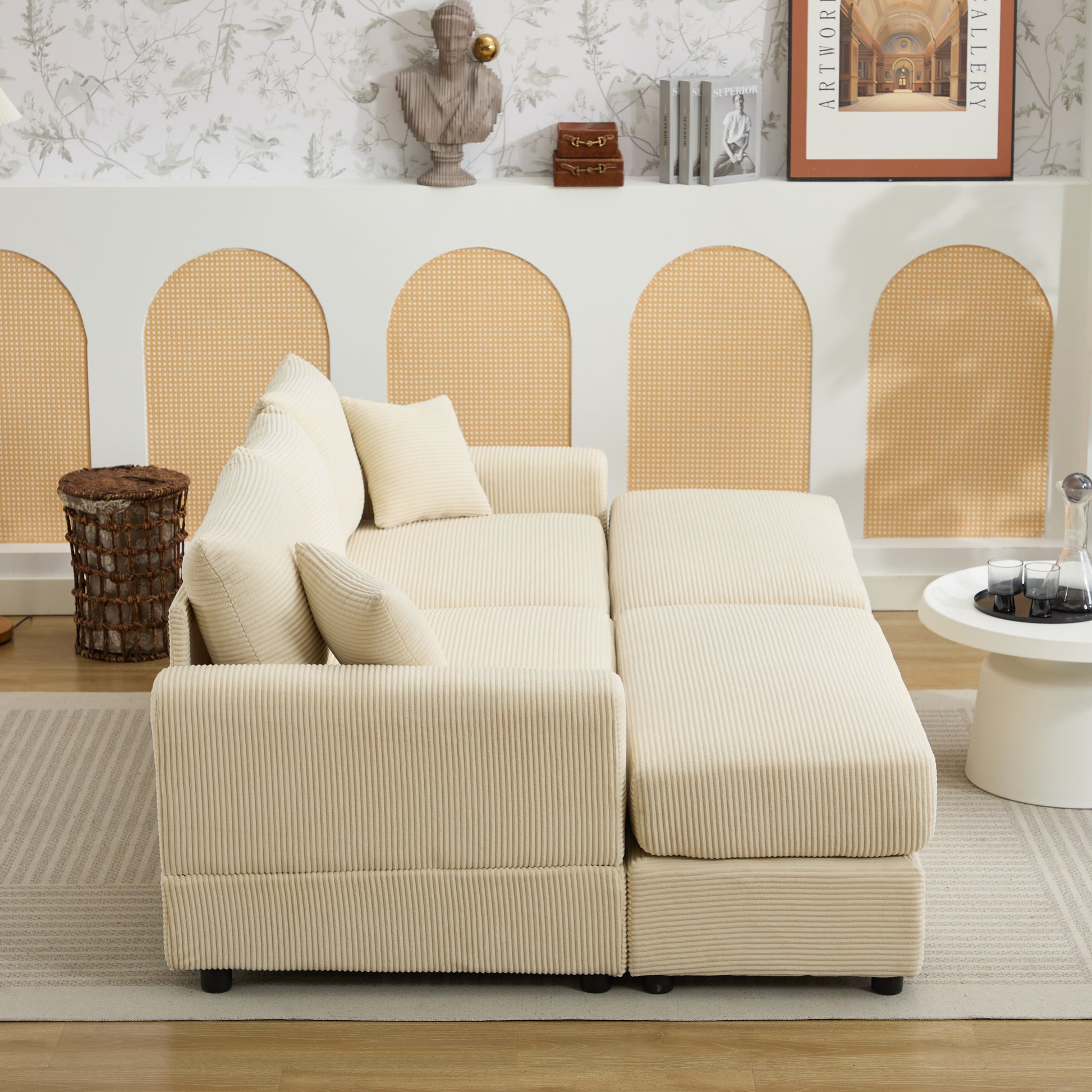 Cream corduroy sectional sofa with plush cushions perfect for a comfortable living room