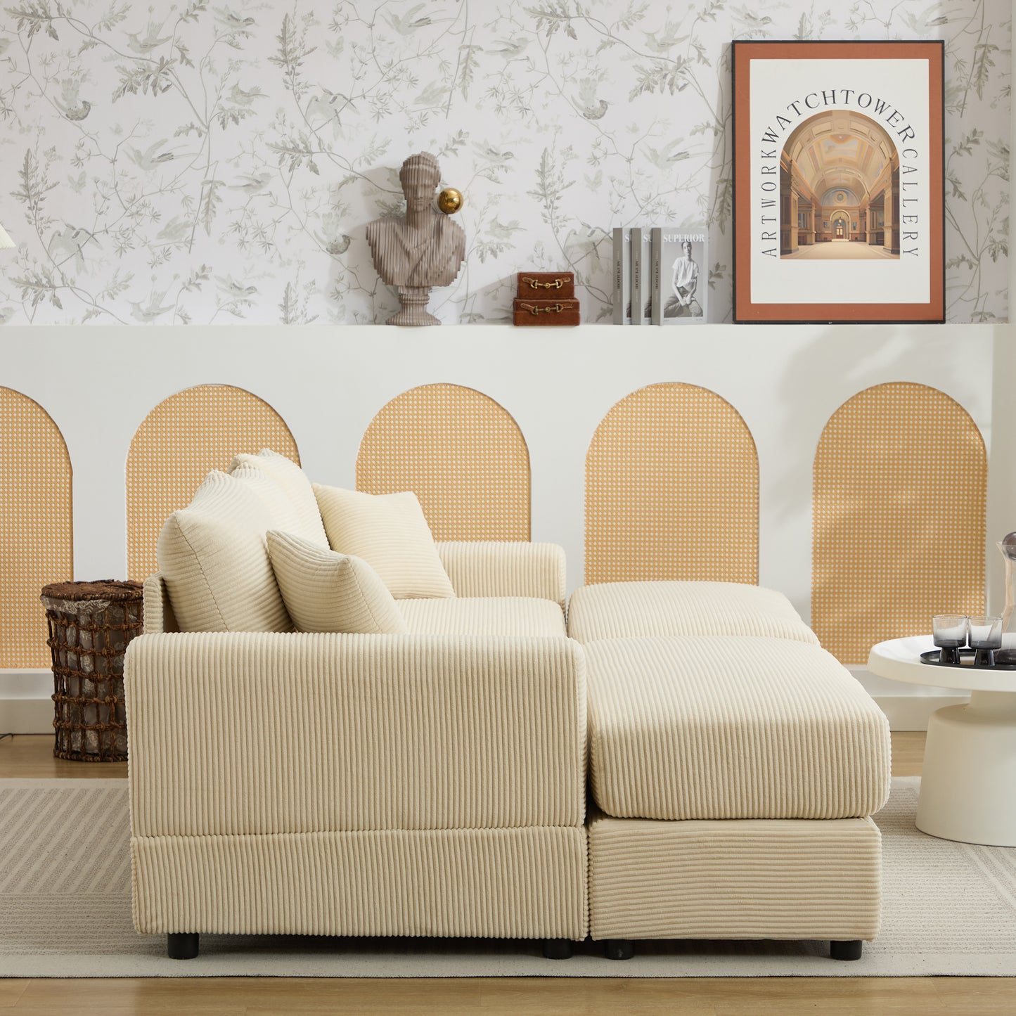 Beige corduroy sectional sofa with plush cushions perfect for a cozy living room setup