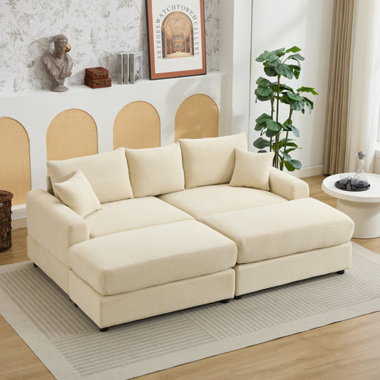Beige corduroy sectional sofa with plush cushions perfect for a cozy living room