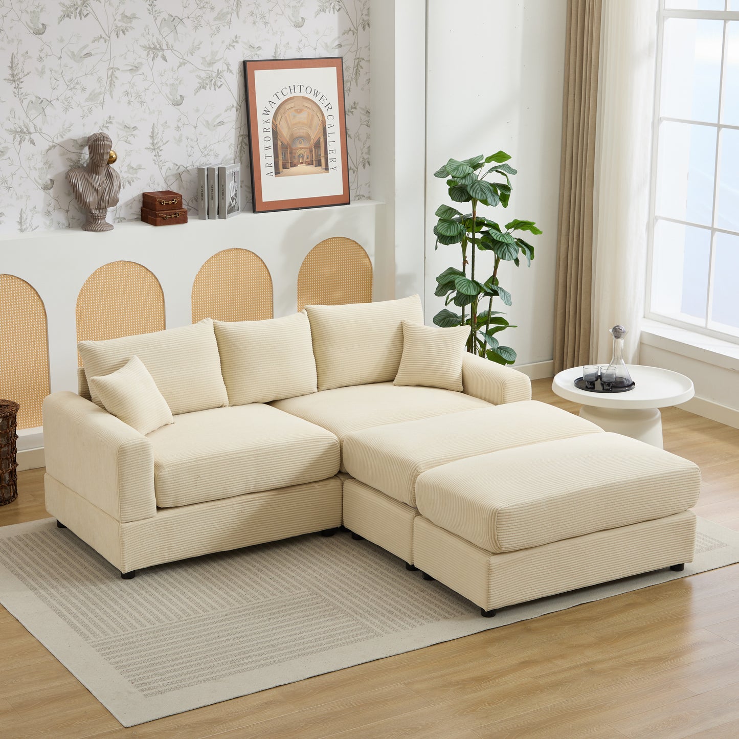 Cream corduroy sectional sofa with plush cushions and an ottoman perfect for modern living rooms