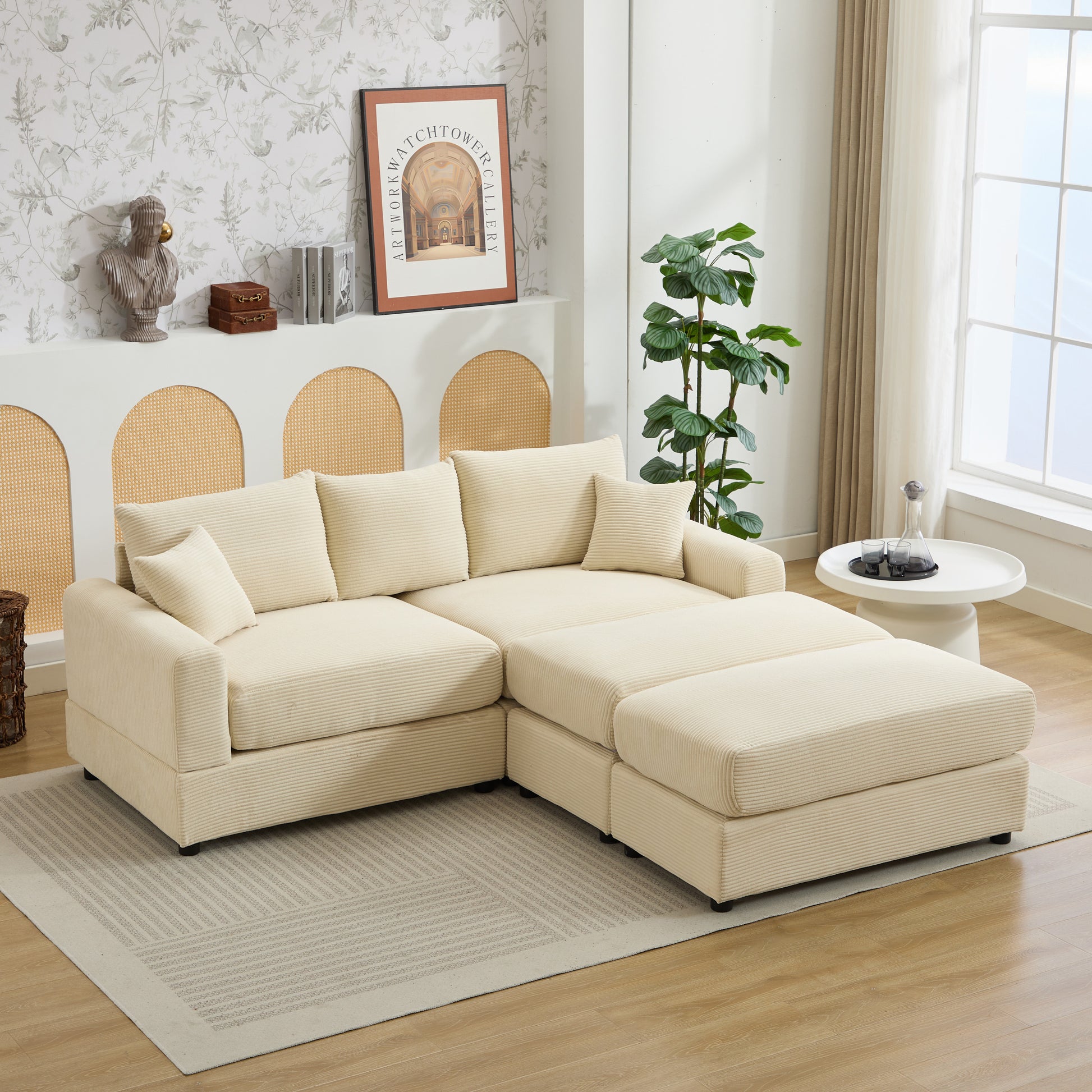 Cream corduroy sectional sofa with plush cushions and an ottoman perfect for modern living rooms