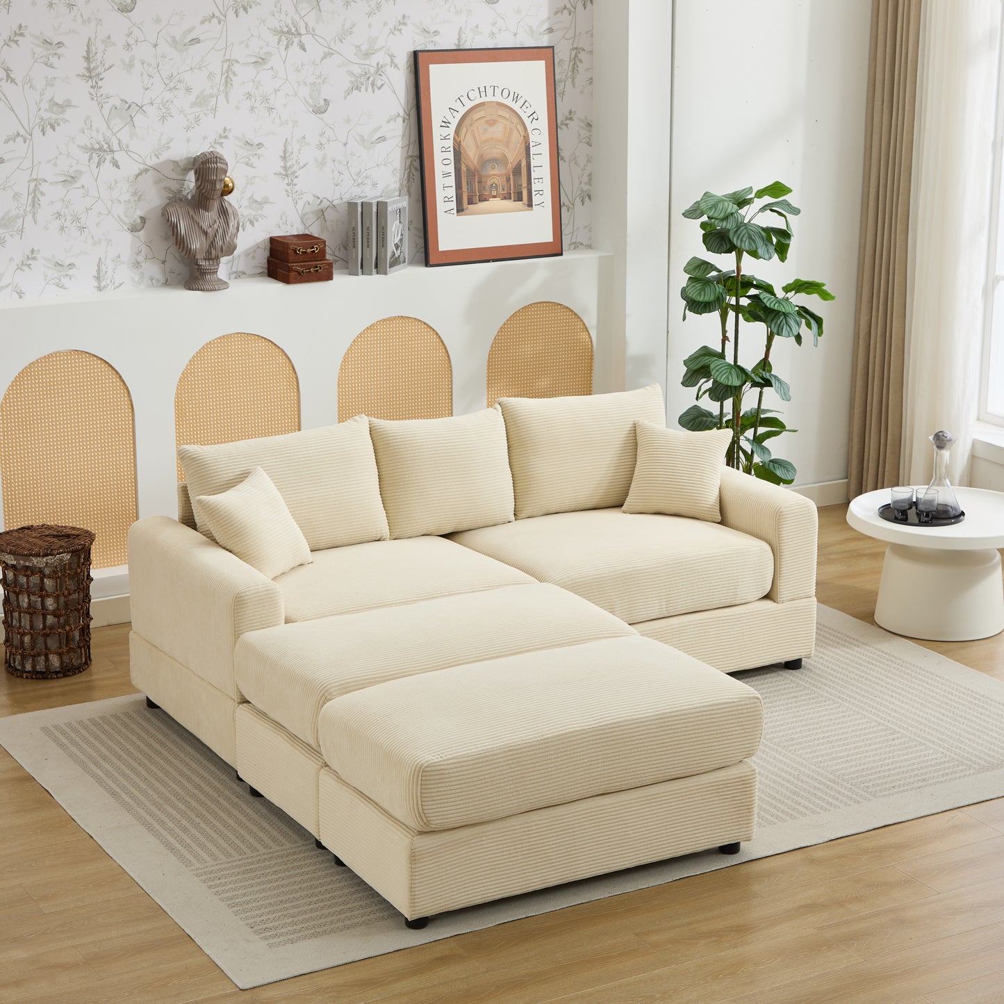 Cream corduroy sectional sofa with reversible chaise and plush cushions modern living room furniture